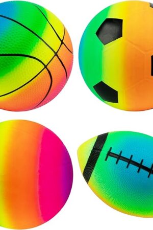 The Rainbow Sports Balls Pack of 4, 1 Each of 8.5" Football, Basketball, Soccer and Volleyball for Playground, Inflatable Multi-Sport Ball Set with 1 Pump for Kids Outdoor Activities
