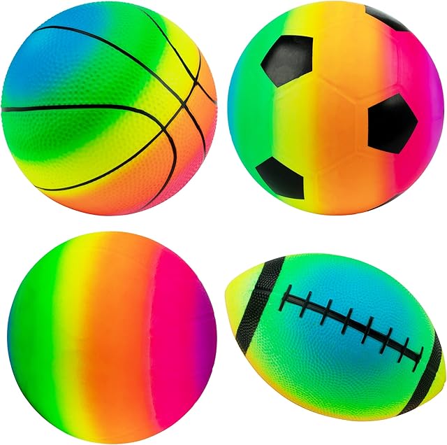 The Rainbow Sports Balls Pack of 4, 1 Each of 8.5" Football, Basketball, Soccer and Volleyball for Playground, Inflatable Multi-Sport Ball Set with 1 Pump for Kids Outdoor Activities