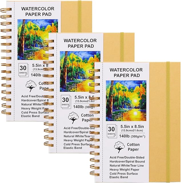 The Watercolor Paper Pads, 5.5x8.5, 3Pack, Kraft Hardcover Sketch Books, 140lb/300gsm Heavyweight Cotton Paper, Spiral Bound, Cold Pressed, Dual-Sided(Smooth&Texture), Painting Paper for Artists Students