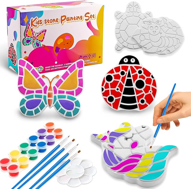 The Stepping Stones Painting Kit for Kids Ages 4-12 - 5 Pack Paint Your Own Garden Stones with Butterfly, Unicorn & Ladybug Designs, Outdoor Art & Craft Activity Set, Creative Summer Gift for Boys & Girls