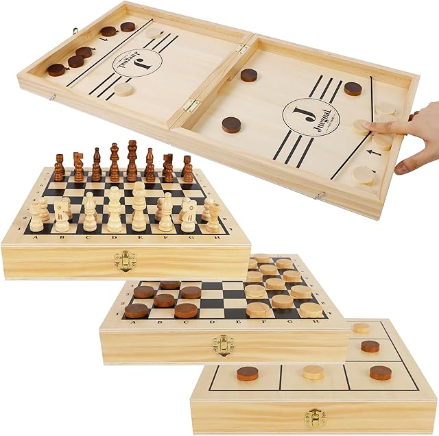 The Juegoal 4-in-1 Wooden Fast Sling Puck Set for Kids and Adults, Chess, Checkers, Tic Tac Toe Games, Travel Portable Folding Tabletop Chess Board Game Sets, Interactive Families Toys