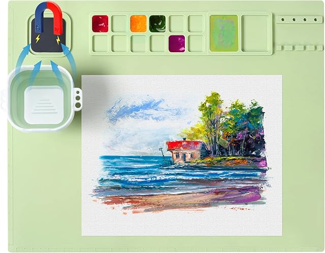The Painting Mat for Kids Green, 19.8"X15.7" Silicone Craft Mat with Magnetic Cup, Washable Silicone Drawing Mat for Handmade, Resin, DIY, Clay, Play Doh (Upgrated)