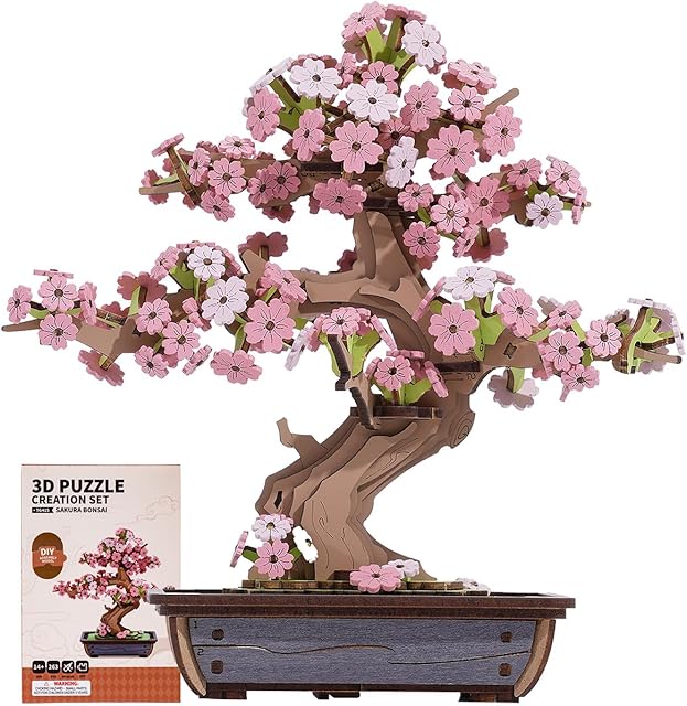 The Rowood 3D Wooden Puzzles for Adults,DIY Cherry Blossom Bonsai Tree Botanical Collection Building Set,Craft Kit Gift for Kids on Christmas Birthday ThanksgivingDay-Sakura Bonsai