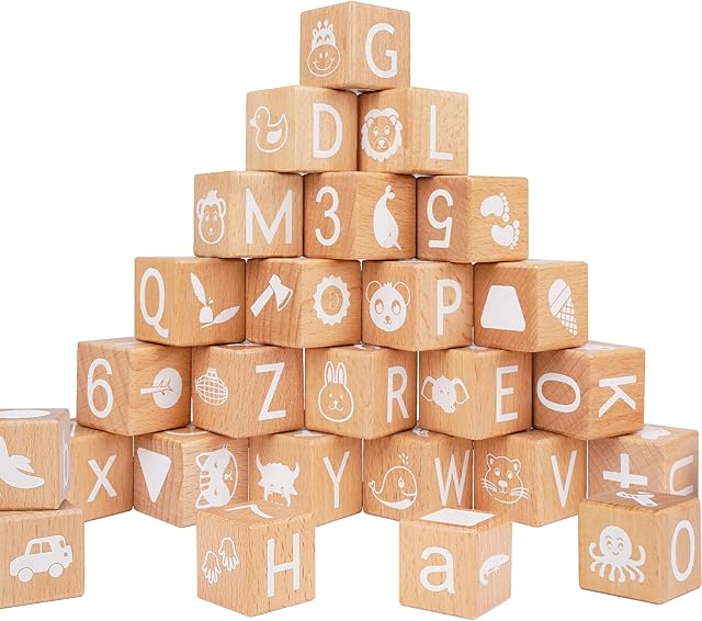 The AXEARTE Alphabet Letters Stacking Blocks, 26 Wooden ABC Building Blocks for Toddlers, Number, Animals Icons on Every Side, Preschool Learning Educational Toys Montessori Sensory Toys for Kids