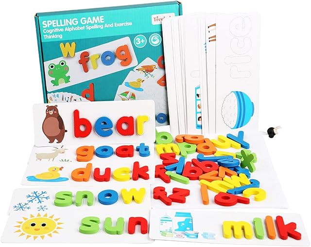 The Wooden Toddler See and Spelling Learning Toy Matching Alphabet Word Game with 56 Different Words on 28 Two-Sided Cognitive Cards Letter Jigsaw Puzzle Toys for Kid’s Montessori Preschool Education