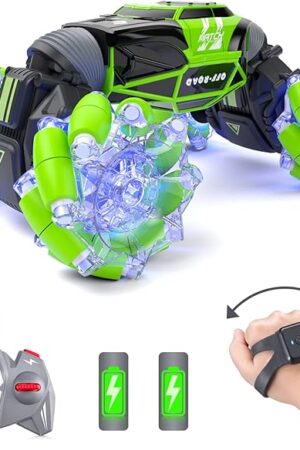 The Powerextra LED Gesture Rc Car, 4WD Transform Remote Control Gesture Sensing Car, Double Sided 360° Rotating Off Road Stunt Car with Lights, Toy Car for 6-12 Year Old Boys & Girls