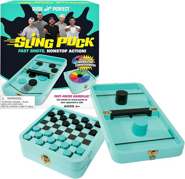The Dude Perfect Sling Puck & Checkers Game Set: Fast-Paced Action for Kids and Adults, Perfect for Family Game Nights, Parties, and Gifts, Ages 4+