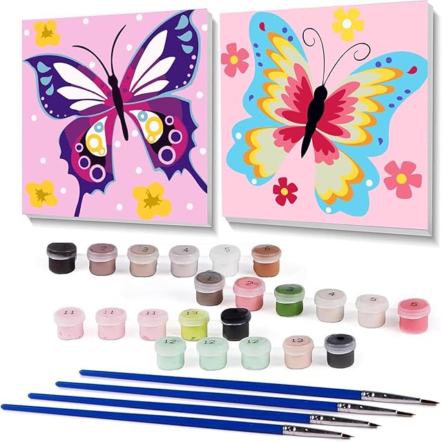 The askkqtx 2 Pack Butterfly Paint by Number for Kids,Easy Paint by Numbers for Kids Ages 8-12,DIY Acrylic Oil Painting Kits for Home Wall Decor and Girls Gifts-8x8inch(with Wooden Framed)