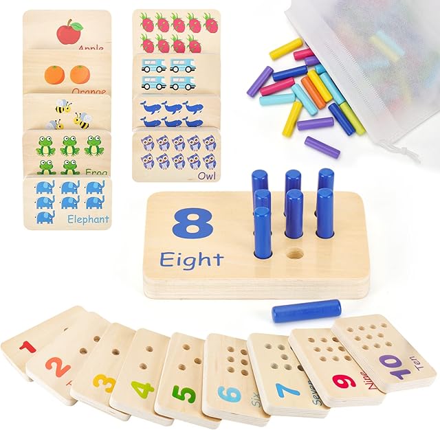 The Wooden Montessori Number Blocks for Toddlers, Counting Peg Board for Kids Age 3 4 5,Preschool Learning Toys,Ideal for Kids 3 4 5 Years Old
