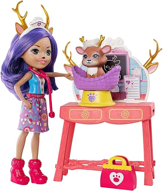 The Mattel Enchantimals Caring Vet Playset with Danessa Deer Doll and Sprint Animal Figure, 6-inch Small Doll, with Check-up Table, Basket, and Smaller Doctor Accessories, Gift for 3 to 8 Year Olds