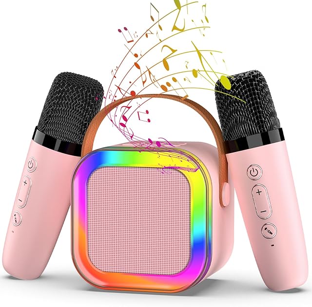 The Karaoke Machine with 2 Mic, Wireless Microphones for Kids Adults Toddler with LED Party Lights, Mini Kids Microphone Christmas Birthday Gift for Girls Toys 4, 5, 6, 7, 8, 10 12+ Years Old ?Pink】