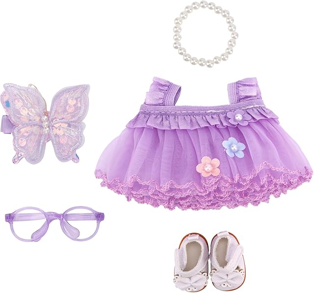 The Doll Dress Outfit Set for 17cm/6.7in Dolls, Kawaii Purple Gauze Skirt with Butterfly Hair Clip, Glasses, Pearl Necklace & Shoes, Luxury Fashion Clothes Accessories for Doll Display (No Dolls)