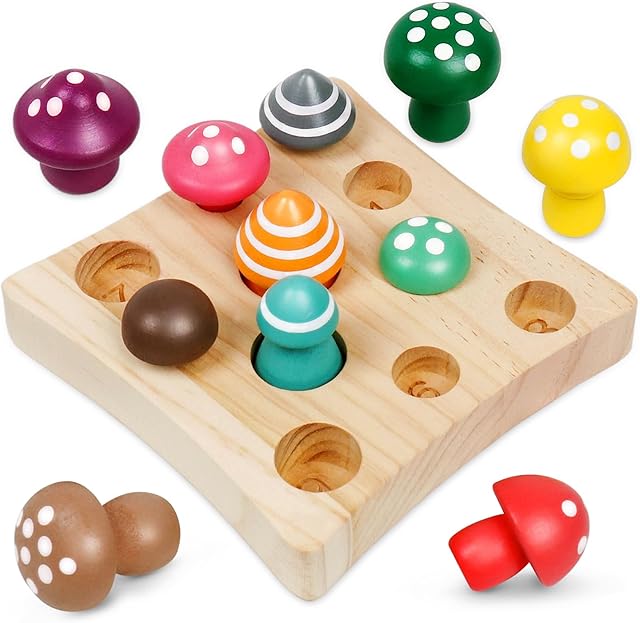 The Toddler Toys,Montessori Wooden Sensory Early Educatioanl Learning Fine Motor & Shape Sorter Toy,Matching Games with Mushroom Puzzle,Fun Easter Basket Stuffers Birthday Gift for Boys Girls