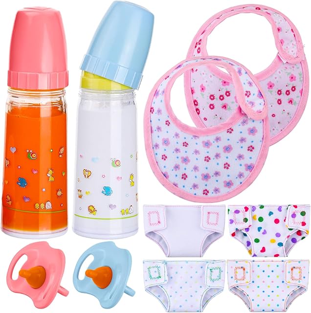 The Shappy 10 Pcs Baby Doll Accessories Set Include Disappearing Milk and Juice Bottles, Pacifier, Bibs, Diapers, Baby Doll Feeding Set, Toy Bottles for Dolls for Girls Christmas Birthday Gift