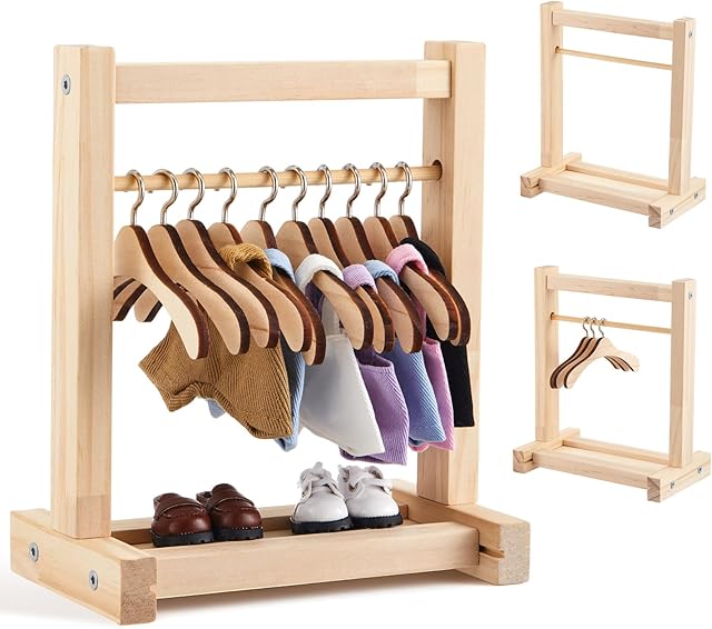 The Skylety 11 Pcs Doll Garment Rack with Wooden Clothes Hanger for 17cm Girl Doll Clothes Mini Hangers Small Wooden Wardrobe Furniture Accessories for Dollhouse Baby Shower Supplies