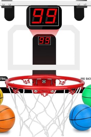 The Pro Indoor Mini Basketball Hoop Set for Kids Adults, Over Door Automatic Scoring Basketball Hoop with 4 Rubber 6" Balls, Boost Wall Mount Basketball Hoops with Electronic Scoreboard Large Dunk Rim