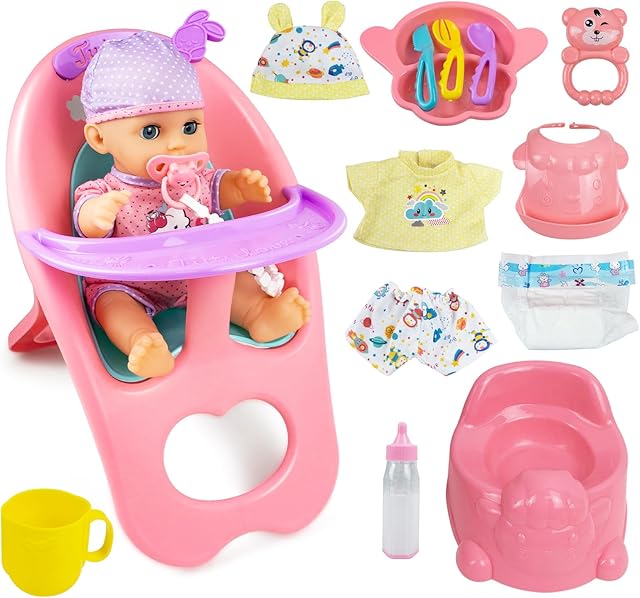 The RedCrab Baby Doll Toys Set, Newborn Dolls PlaySet with High Chair Stroller Feeding ,Tableware Set and Doll Clothes Accessories, 15+ pcs Toddler Pretend Play Gift Toys for Girls - 12" Dolls