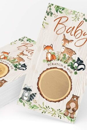 The Printed Party Baby Shower Game – Woodland Scratch Off Cards for Boy or Girl, Forest Animal Theme, 30 Cards & Stickers