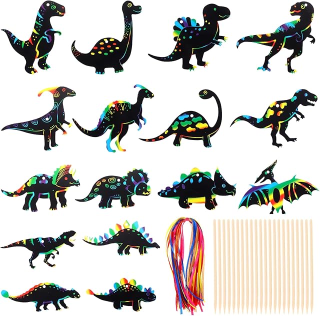 The 64 Pc Dinosaur Theme Scratch Cards - Rainbow Scratch Paper Dinosaur Crafts Art Card Kit with Wood Stylus and Ribbon for Classroom Crafts & Birthday Parties