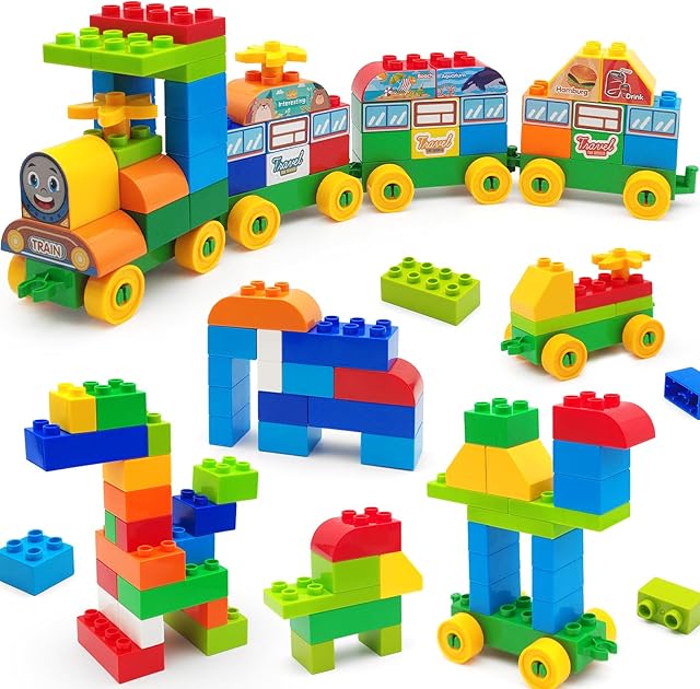 The 90 Pcs Classic Building Blocks Set for Toddlers 3-6, Large Building Bricks Train Educational Toy STEM Toys Compatible with Major Brands Gift for Kids