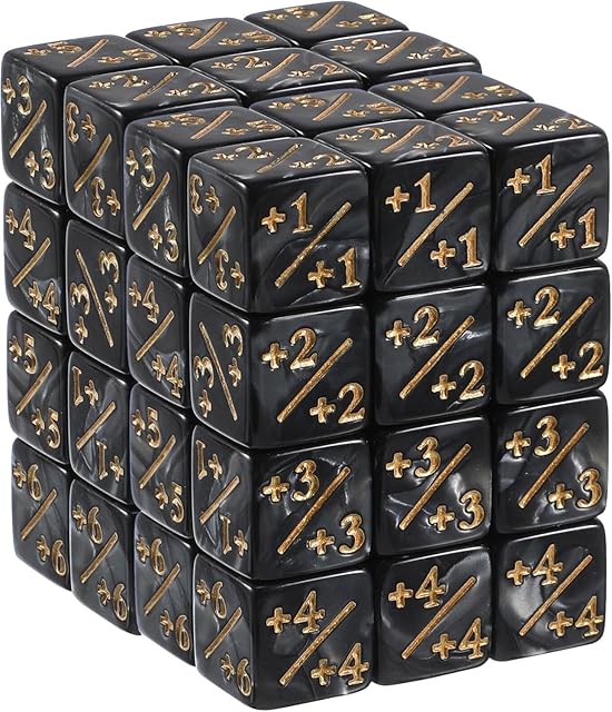 The 48Pcs 1/+1 Token Dice Counter, 0.63in D6 Plus and Minus Dice Set, Acrylic Board Game Accessory, Compatible with MTG, CCG, Card Games, Black