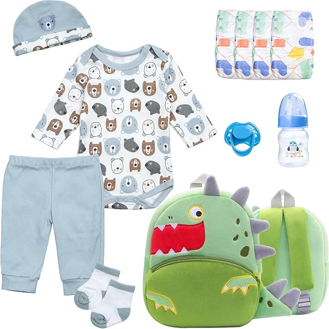 The 11 Pcs Reborn Baby Doll Clothes with Backpack for 17-22 Inch Reborn Dolls Boy Clothes Accessories Dinosaur Carrier Diaper Set