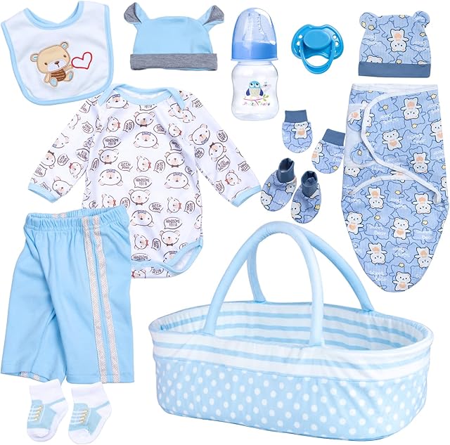 The Reborn Baby Doll Clothes 12pcs for 17-22 Inch Reborn Dolls Clothes Accessories Blue Luxurious Gift Set (Bassinet+ Blanket)
