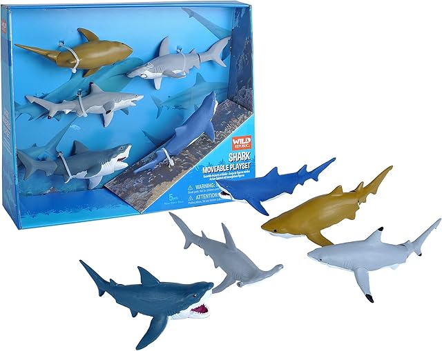 The Wild Republic Shark Moveable Action Playset, Aquatic Animals, Kids Gifts, Sea Creatures, 5-Pieces