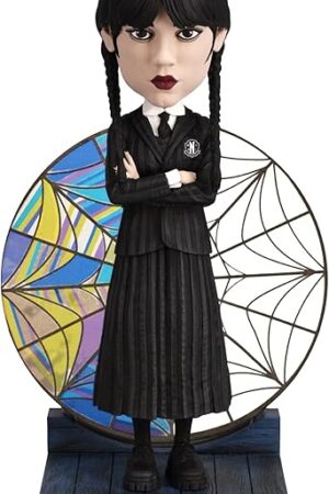 The Royal Bobbles Wednesday Addams with Nevermore Academy Stained Glass Window – 6.75 Inches Tall – Collectible Bobblehead Statue