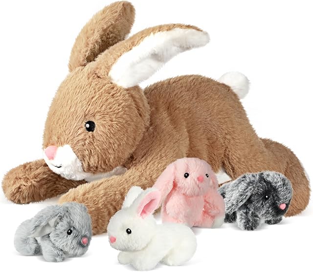 The Syhood 5-Piece Bunny Stuffed Animal Set: Mommy Bunny Plush Doll with 4 Babies - Cute Fluffy Plush Rabbits for Huggable Sleeping, Holiday, Birthday Gifts