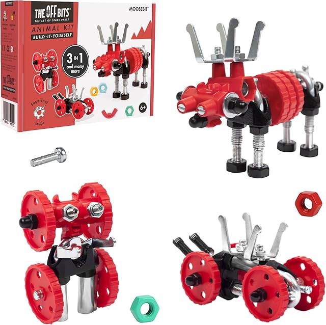 The The Off Bits Erector Set: Animal Mini STEM Toys for Kids 6+, Toy Building Sets with Nuts & Bolts, STEM Building Toys Gifts for Boys and Girls (Red Moose)