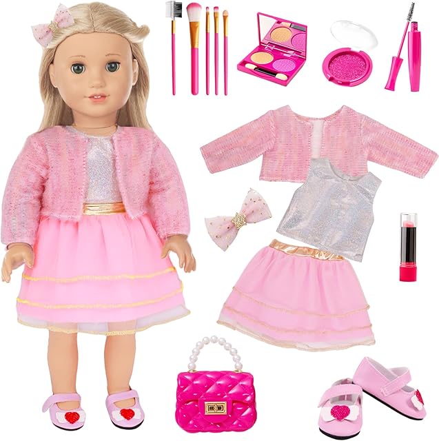The American 18 Inch Doll Makeup Clothes and Accessories, Include Makeup Brushes Hair Clip Bag Accessories and Shoes Pretend Playset(No Doll)
