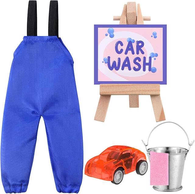 The Outus 6 Pcs Christmas Elf Accessories Car Wash Outfit Set Prop Include Car Wash Clothes Mini Bucket Card Towel Display Stand for Xmas House Decorations DIY Craft Gift