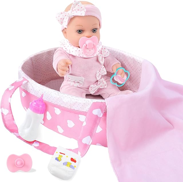 The 12 Inch Baby Doll Playset with Dolls Clothes and Accessories First Baby Dolls for Toddlers 3 Years and Up Includes Bassinet Bed, Blanket, Bottles, Nipple, Diaper, Toys
