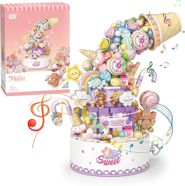 The Falls Building Blocks Rotating Music Box Set,Candy Flower Bonsai Botanical Collection with Light,Home Decor (Candy)