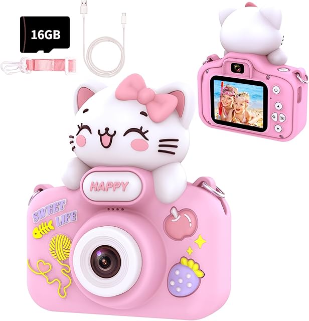 The Kids Camera Toys for 3-12 Year Old Girls Boys,1080P Children Digital Camera, Dual Lens Kids Selfie Camera, HD Kids Digital Video Cameras for Toddler with 16GB TF SD Card(Pink)