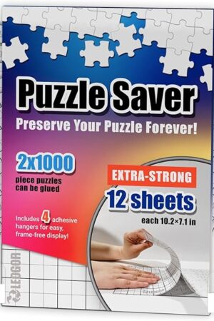 The Puzzle Saver Sheets – 12 Extra Strong 10.2 x 7.1 Peel & Stick Puzzle Glue Sheets + 4 Hangers – Preserve Two 1000-Piece Jigsaw Puzzles – Clear Adhesive Backing Kit by LEOGOR