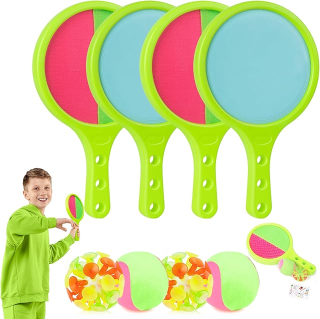The Toss Catch Ball Toy Set: Outdoor Games for Kids with 4 Paddles 4 Balls Outside Toys Beach Backyard Games Activities for Ages 3-12 (2Pack Green)