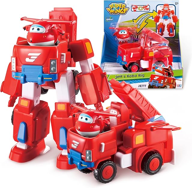 The Super Wings Transformable Toys, 7" Jett Robot Suit and 2? Scale Transforming Jett Mini Action Figure,2-in-1 Mode Vehicle and Robot, Vehicle Playset for Kids 3+,Gifts for Boys and Girls,Red