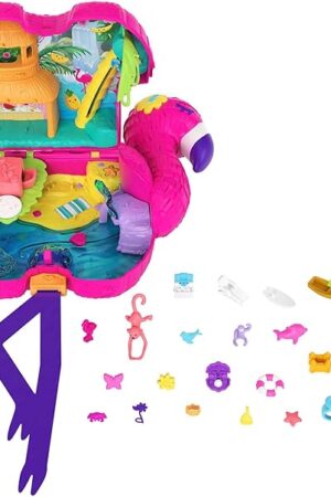 The Polly Pocket Travel Toy, Flamingo Party Playset with 2 Micro Dolls & 26 Surprise Accessories, Animal Toy Compact