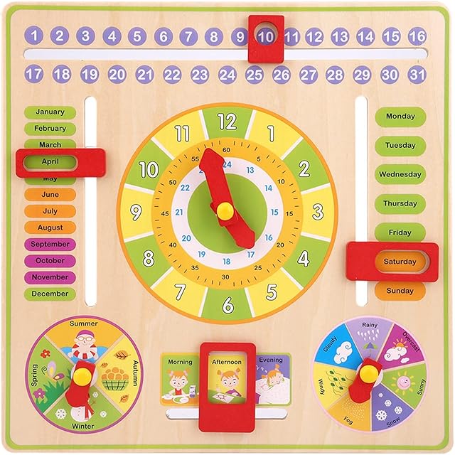 The Hang Wooden Clock, Kids Early Education Colorful Board Toy for Time, Days, Dates, Months, Weather and Seasons Learning