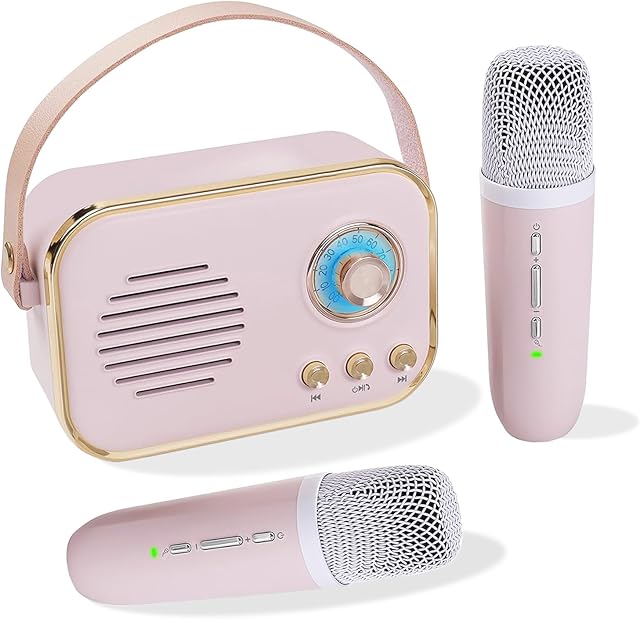 The Mini Karaoke Machine for Kids, Portable Bluetooth Speaker with 2 Wireless Microphones HiFi Music Player, Retro Microphone and Speaker Set Gifts for Kids Birthday Home Party (Pink)