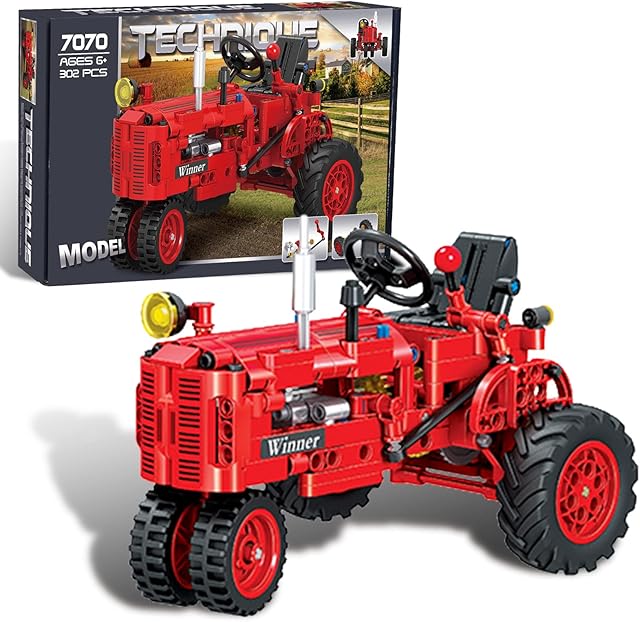 The Classic Building Blocks 1/12 Red Tractor Farm Toy Building Set Gift for Kids Ages 6 7 8 9 10 11 12 Includes Shifting Structure, Steering Structure Features (Classic Edition)