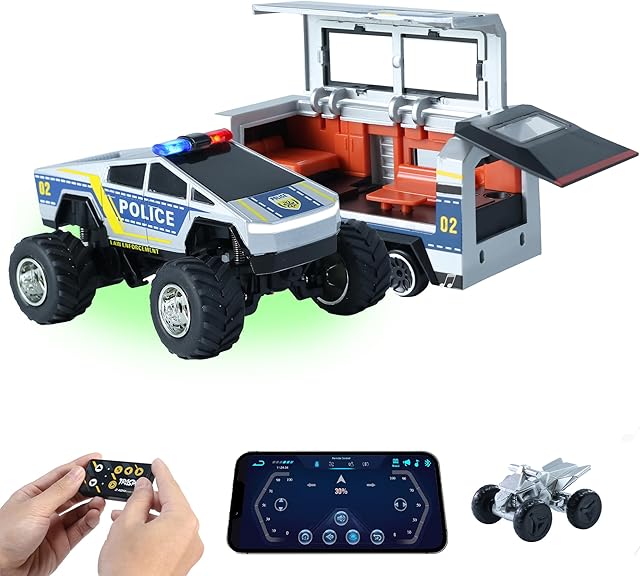 The GRANTLEY Mini RC Cybertruck Toy with RV - Remote Control Car with Police Lights&Sirens,1:64 Alloy Monster Truck,APP Available,Christmas and Birthdays Gifts,Silvery