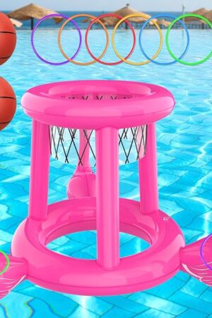 The Pool Toys Pool Floats Pool Games for Kids Adult, Inflatable Pool Basketball Hoop & Ring Toss Game, 2-in-1 Pool Floating Outdoor Party Water Toy for Adults Family Kids Ages 4-8-12 (Pink-1)