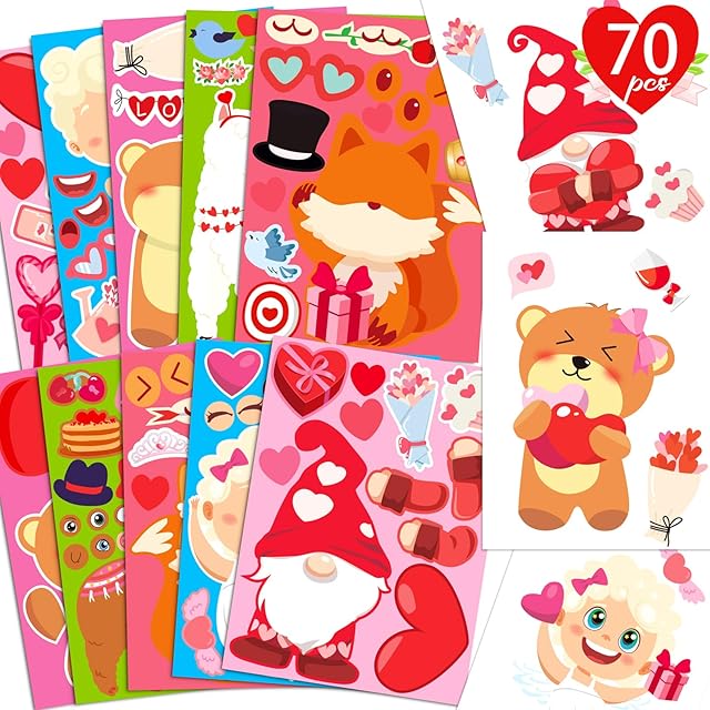 The 70Sheets Valentines Stickers Crafts for Kids - Make-A-Llama/Bear/Fox/Cupid/Gnome Face Sticker- Valentine's Day Gifts Goodie Bag Stuffer School Classroom Activity Games Party Favors (Small Size)
