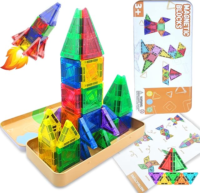 The Mini Magnetic Tiles Travel Magnetic Tiles, 26 PCS Magnetic Building Blocks Set with Strongest Magnets, Travel Toys Christmas Toy Gift Ages 3-5 5-7 4-8 Boys and Girls