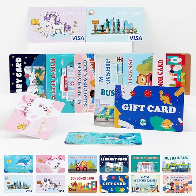 The Fake Credit Cards for Kids, Play Credit Cards Pretend Debit Credit Cards for Girls and Boys, Driver's License, Membership Play Cards, Fake Toy Cards 12pcs