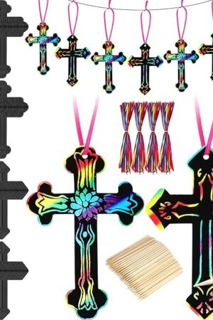 The Qilery 160 Sets Scratch Cross Ornaments Scratch Paper Kit Christian Rainbow Color Crosses for Crafts Sunday School Crafts Religious Gifts Bulk for Boys Girls DIY Art Party Easter Birthday Classroom