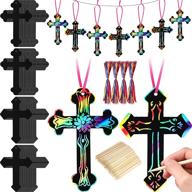 The Qilery 160 Sets Scratch Cross Ornaments Scratch Paper Kit Christian Rainbow Color Crosses for Crafts Sunday School Crafts Religious Gifts Bulk for Boys Girls DIY Art Party Easter Birthday Classroom